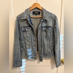Express Women's Light Blue Distressed Denim Jacket